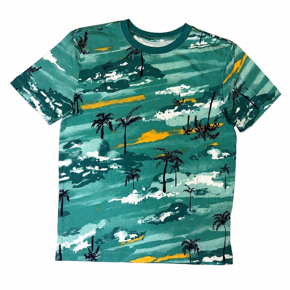 Old Navy | Boys Teal Green Tropical Palm Tree Print T-Shirt | Size L 10-12
